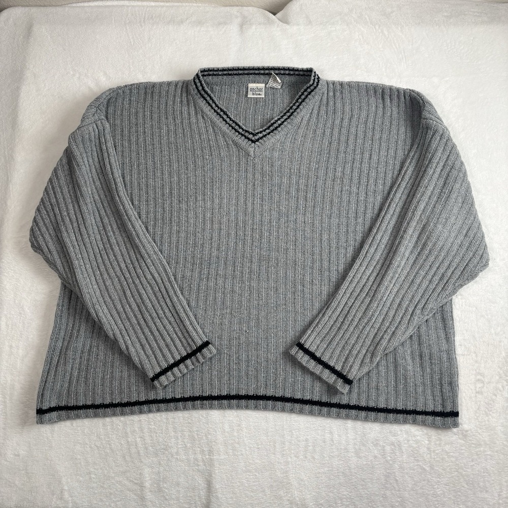 Y2K Anchor Blue Grey Knit Pullover Long Sleeve Sweater V-Neck Women's XL